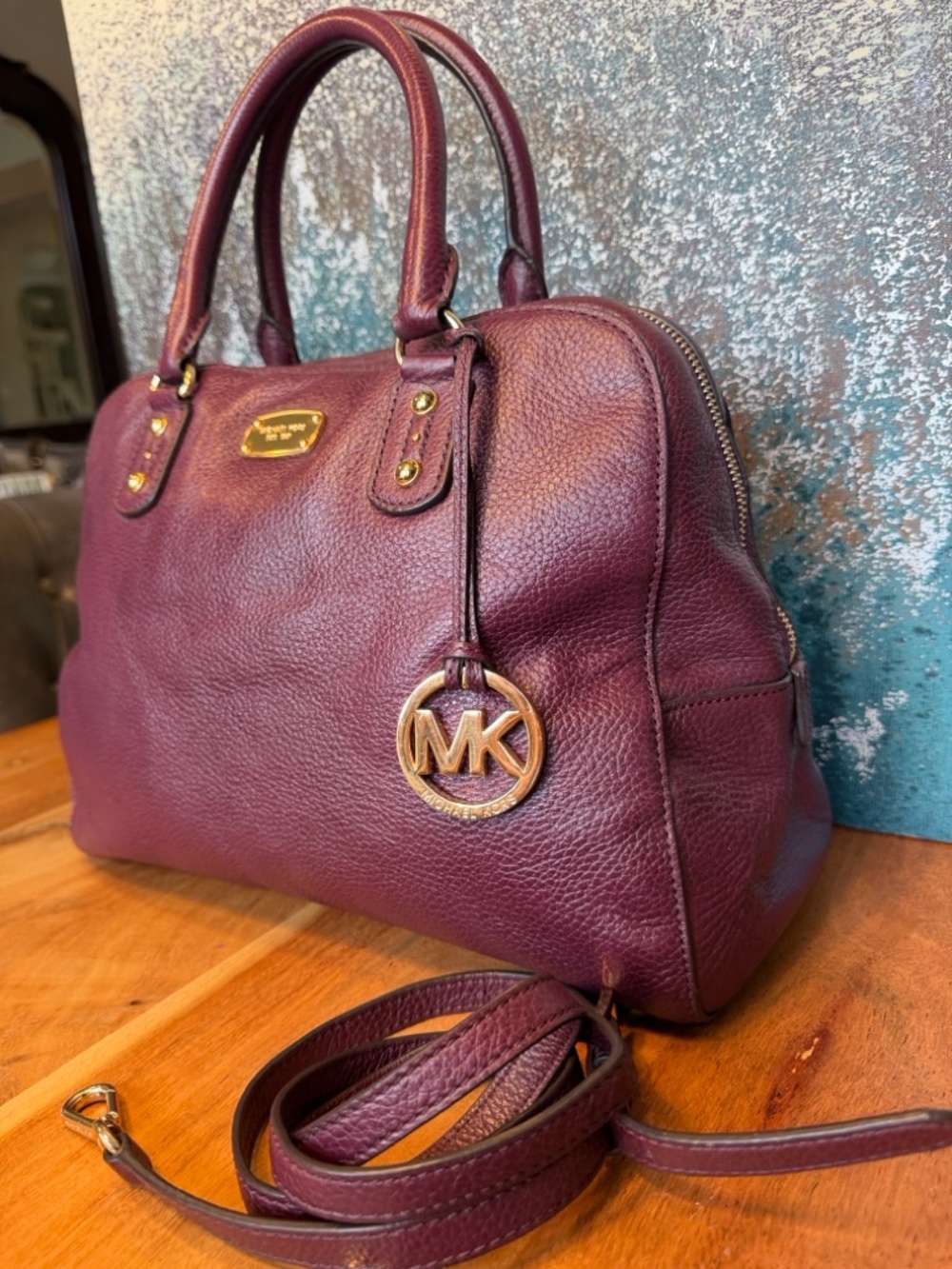 Michael Michael Kors Y2K Pebbled Leather Satchel Crossbody Purple/Gold (GUC) - Picture 5 of 17